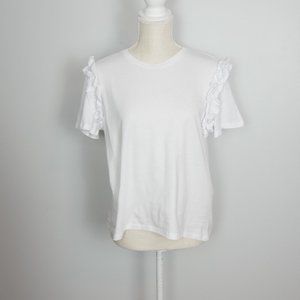NWT Zara White Ruffle Shoulder Short Sleeve Basic Tee Minimalist Large L